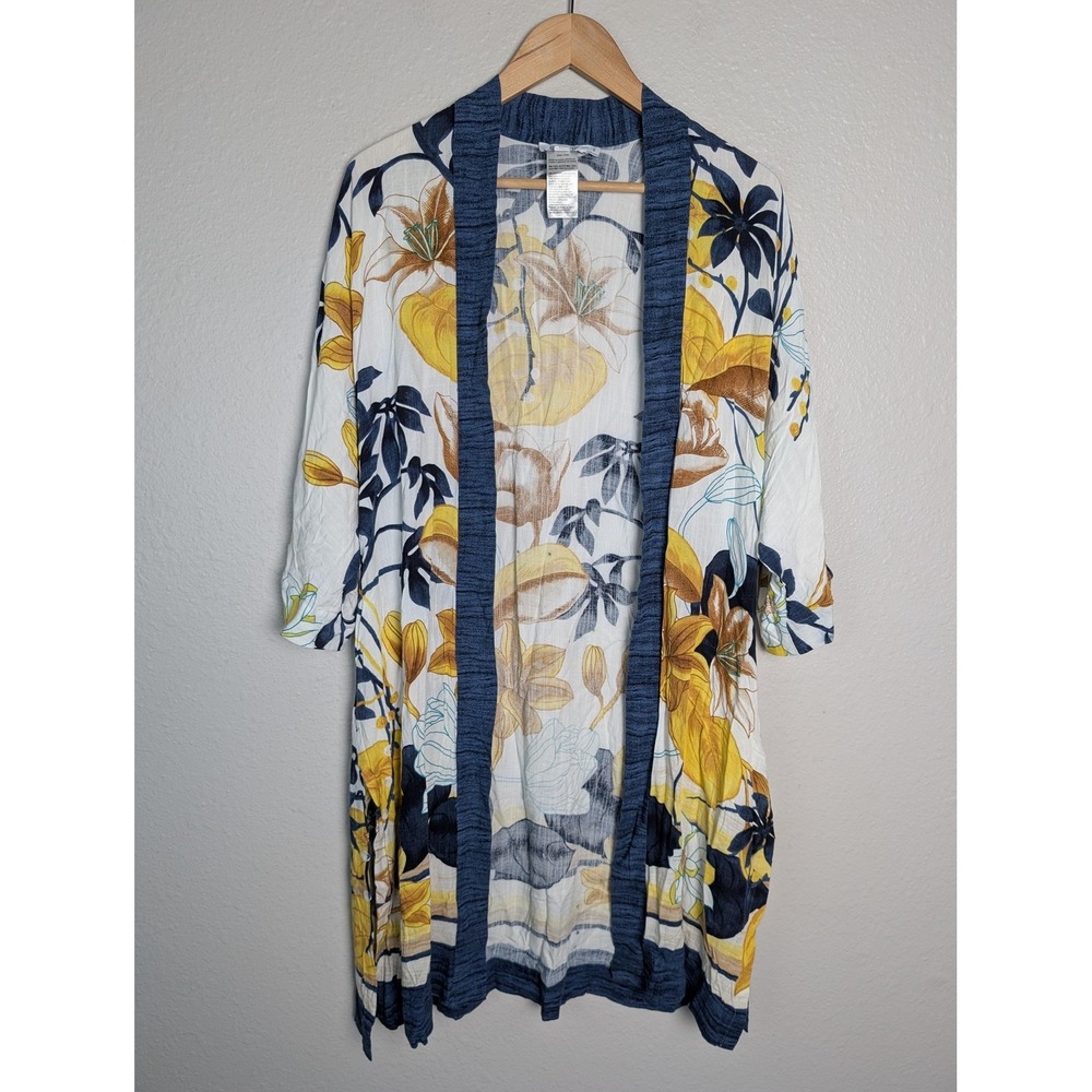 Chico's Coatigan Womens S/M White Kimono Open Lightweight Unlined Floral